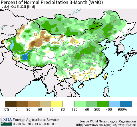 China, Mongolia and Taiwan Percent of Normal Precipitation 3-Month (WMO) Thematic Map For 7/6/2021 - 10/5/2021