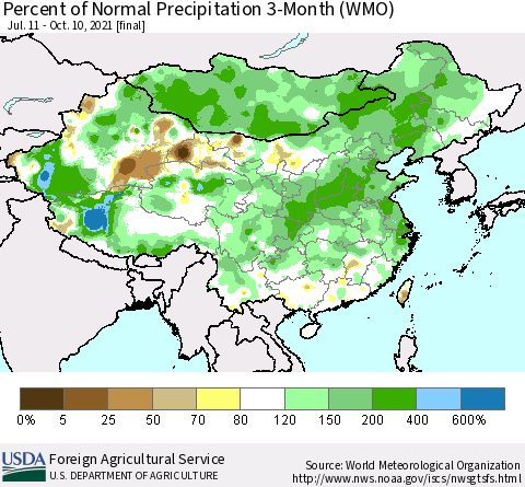 China, Mongolia and Taiwan Percent of Normal Precipitation 3-Month (WMO) Thematic Map For 7/11/2021 - 10/10/2021