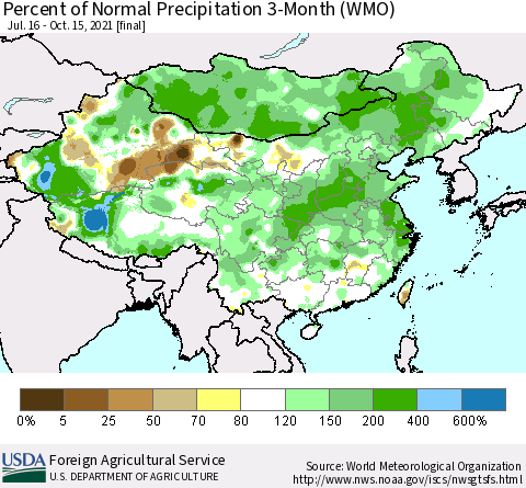 China, Mongolia and Taiwan Percent of Normal Precipitation 3-Month (WMO) Thematic Map For 7/16/2021 - 10/15/2021