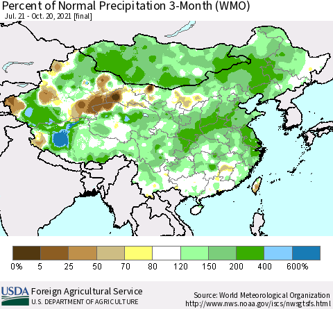 China, Mongolia and Taiwan Percent of Normal Precipitation 3-Month (WMO) Thematic Map For 7/21/2021 - 10/20/2021
