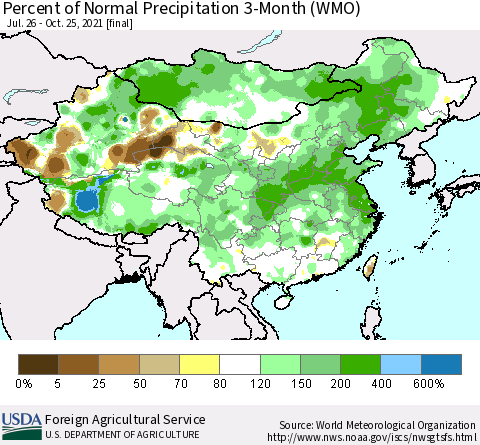 China, Mongolia and Taiwan Percent of Normal Precipitation 3-Month (WMO) Thematic Map For 7/26/2021 - 10/25/2021