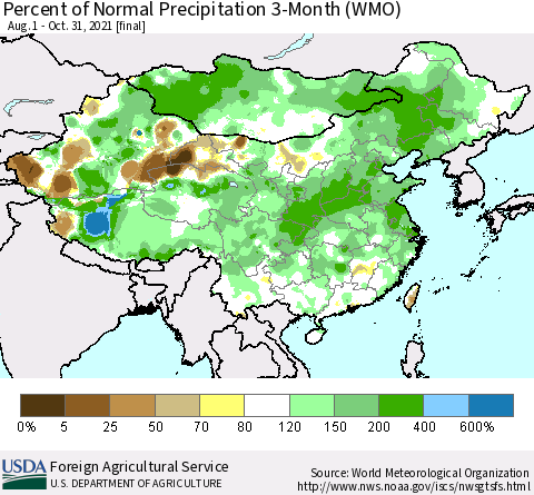 China, Mongolia and Taiwan Percent of Normal Precipitation 3-Month (WMO) Thematic Map For 8/1/2021 - 10/31/2021