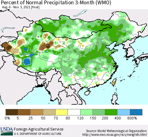 China, Mongolia and Taiwan Percent of Normal Precipitation 3-Month (WMO) Thematic Map For 8/6/2021 - 11/5/2021