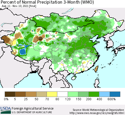 China, Mongolia and Taiwan Percent of Normal Precipitation 3-Month (WMO) Thematic Map For 8/11/2021 - 11/10/2021