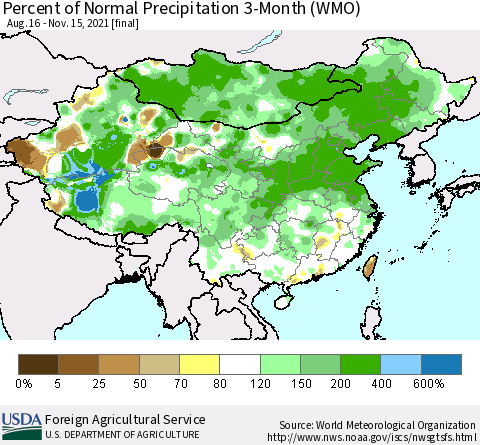 China, Mongolia and Taiwan Percent of Normal Precipitation 3-Month (WMO) Thematic Map For 8/16/2021 - 11/15/2021