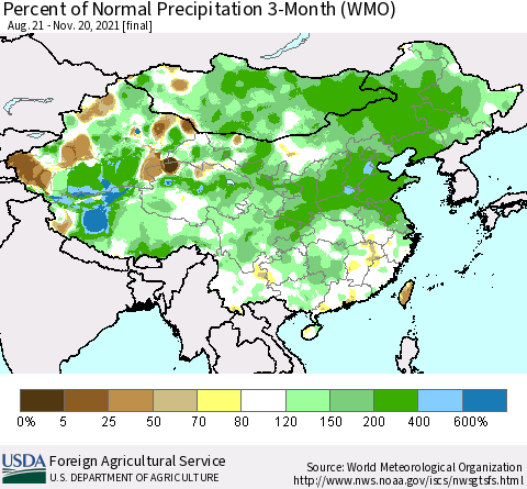 China, Mongolia and Taiwan Percent of Normal Precipitation 3-Month (WMO) Thematic Map For 8/21/2021 - 11/20/2021