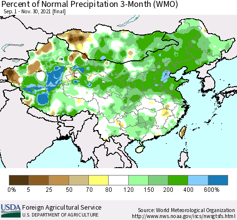 China, Mongolia and Taiwan Percent of Normal Precipitation 3-Month (WMO) Thematic Map For 9/1/2021 - 11/30/2021