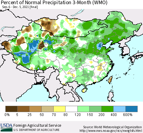 China, Mongolia and Taiwan Percent of Normal Precipitation 3-Month (WMO) Thematic Map For 9/6/2021 - 12/5/2021