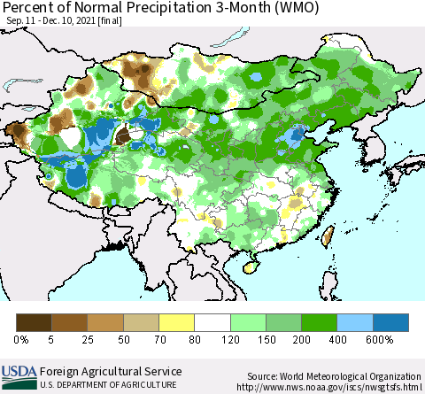 China, Mongolia and Taiwan Percent of Normal Precipitation 3-Month (WMO) Thematic Map For 9/11/2021 - 12/10/2021