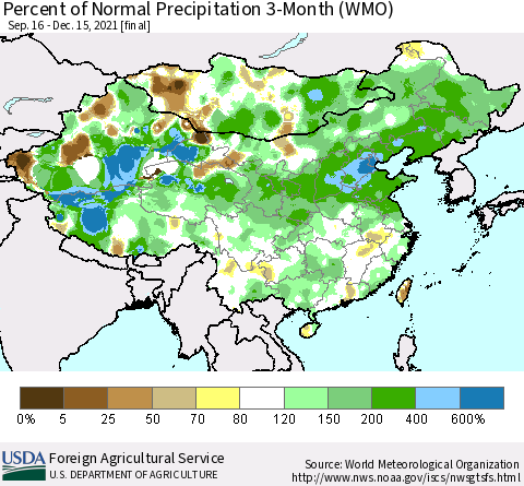 China, Mongolia and Taiwan Percent of Normal Precipitation 3-Month (WMO) Thematic Map For 9/16/2021 - 12/15/2021