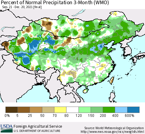 China, Mongolia and Taiwan Percent of Normal Precipitation 3-Month (WMO) Thematic Map For 9/21/2021 - 12/20/2021