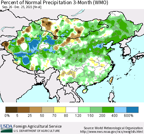 China, Mongolia and Taiwan Percent of Normal Precipitation 3-Month (WMO) Thematic Map For 9/26/2021 - 12/25/2021