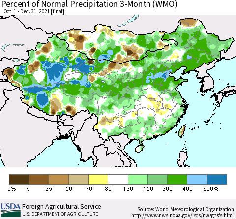 China, Mongolia and Taiwan Percent of Normal Precipitation 3-Month (WMO) Thematic Map For 10/1/2021 - 12/31/2021