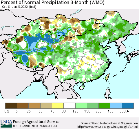 China, Mongolia and Taiwan Percent of Normal Precipitation 3-Month (WMO) Thematic Map For 10/6/2021 - 1/5/2022