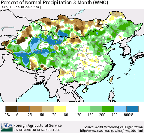 China, Mongolia and Taiwan Percent of Normal Precipitation 3-Month (WMO) Thematic Map For 10/11/2021 - 1/10/2022