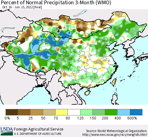 China, Mongolia and Taiwan Percent of Normal Precipitation 3-Month (WMO) Thematic Map For 10/16/2021 - 1/15/2022
