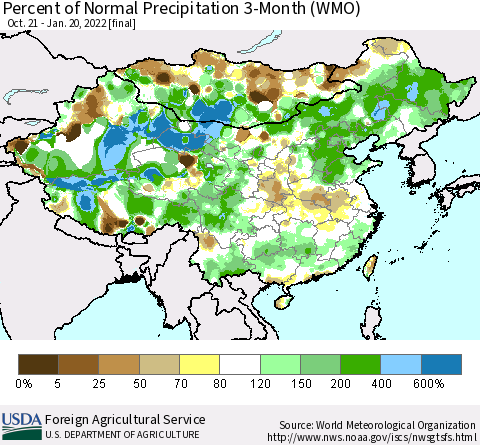 China, Mongolia and Taiwan Percent of Normal Precipitation 3-Month (WMO) Thematic Map For 10/21/2021 - 1/20/2022