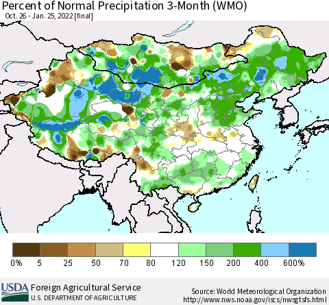 China, Mongolia and Taiwan Percent of Normal Precipitation 3-Month (WMO) Thematic Map For 10/26/2021 - 1/25/2022