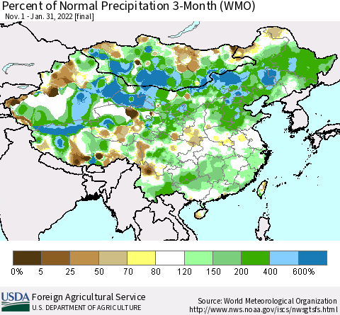 China, Mongolia and Taiwan Percent of Normal Precipitation 3-Month (WMO) Thematic Map For 11/1/2021 - 1/31/2022