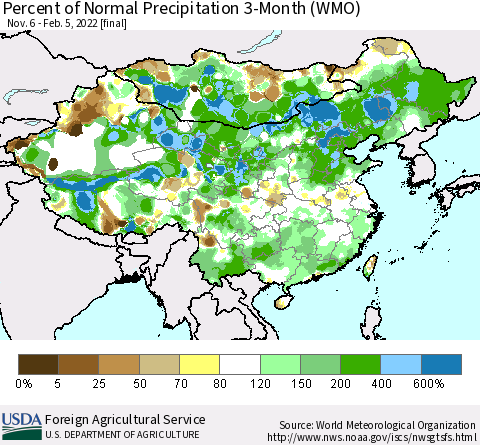 China, Mongolia and Taiwan Percent of Normal Precipitation 3-Month (WMO) Thematic Map For 11/6/2021 - 2/5/2022