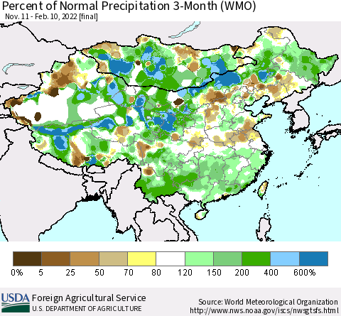 China, Mongolia and Taiwan Percent of Normal Precipitation 3-Month (WMO) Thematic Map For 11/11/2021 - 2/10/2022