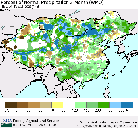 China, Mongolia and Taiwan Percent of Normal Precipitation 3-Month (WMO) Thematic Map For 11/16/2021 - 2/15/2022