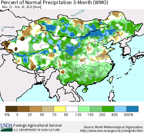 China, Mongolia and Taiwan Percent of Normal Precipitation 3-Month (WMO) Thematic Map For 11/21/2021 - 2/20/2022