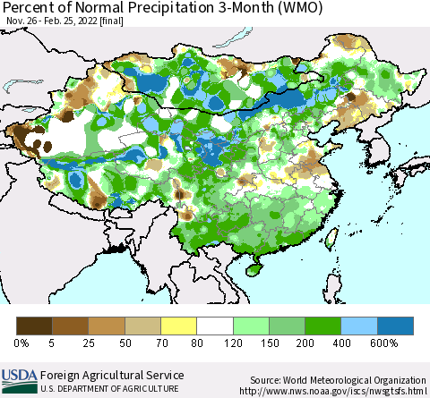 China, Mongolia and Taiwan Percent of Normal Precipitation 3-Month (WMO) Thematic Map For 11/26/2021 - 2/25/2022