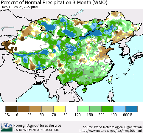 China, Mongolia and Taiwan Percent of Normal Precipitation 3-Month (WMO) Thematic Map For 12/1/2021 - 2/28/2022