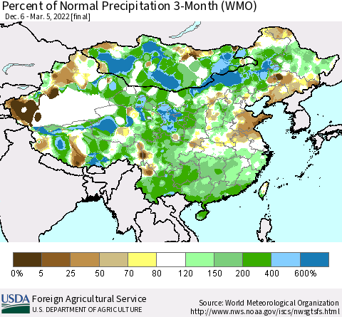 China, Mongolia and Taiwan Percent of Normal Precipitation 3-Month (WMO) Thematic Map For 12/6/2021 - 3/5/2022