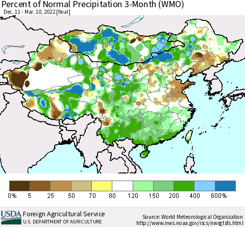 China, Mongolia and Taiwan Percent of Normal Precipitation 3-Month (WMO) Thematic Map For 12/11/2021 - 3/10/2022