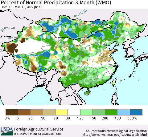 China, Mongolia and Taiwan Percent of Normal Precipitation 3-Month (WMO) Thematic Map For 12/16/2021 - 3/15/2022