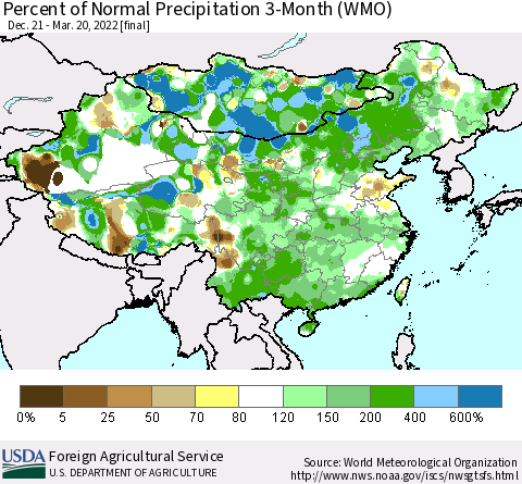 China, Mongolia and Taiwan Percent of Normal Precipitation 3-Month (WMO) Thematic Map For 12/21/2021 - 3/20/2022
