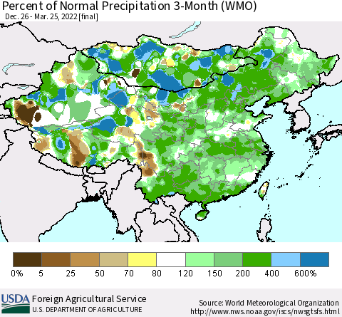 China, Mongolia and Taiwan Percent of Normal Precipitation 3-Month (WMO) Thematic Map For 12/26/2021 - 3/25/2022