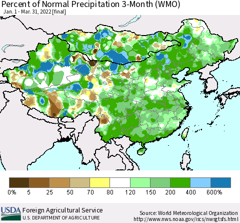 China, Mongolia and Taiwan Percent of Normal Precipitation 3-Month (WMO) Thematic Map For 1/1/2022 - 3/31/2022