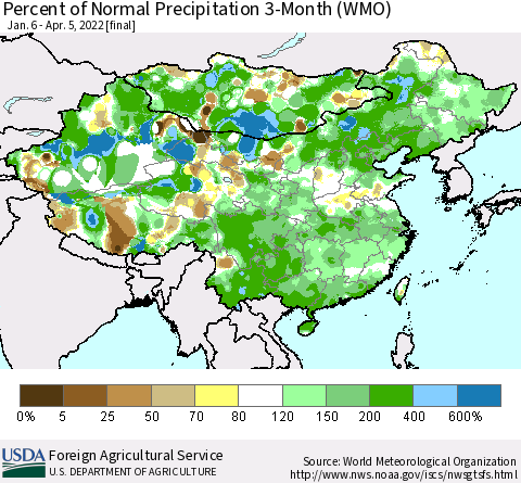 China, Mongolia and Taiwan Percent of Normal Precipitation 3-Month (WMO) Thematic Map For 1/6/2022 - 4/5/2022
