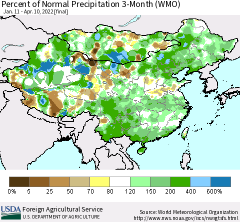 China, Mongolia and Taiwan Percent of Normal Precipitation 3-Month (WMO) Thematic Map For 1/11/2022 - 4/10/2022