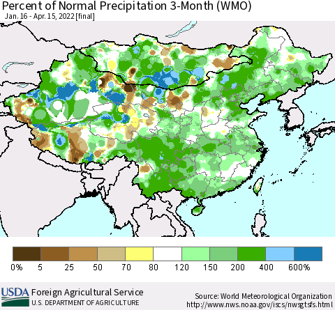 China, Mongolia and Taiwan Percent of Normal Precipitation 3-Month (WMO) Thematic Map For 1/16/2022 - 4/15/2022