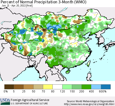 China, Mongolia and Taiwan Percent of Normal Precipitation 3-Month (WMO) Thematic Map For 1/21/2022 - 4/20/2022