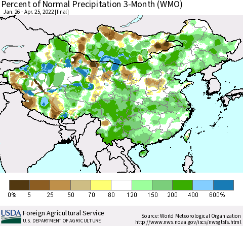 China, Mongolia and Taiwan Percent of Normal Precipitation 3-Month (WMO) Thematic Map For 1/26/2022 - 4/25/2022