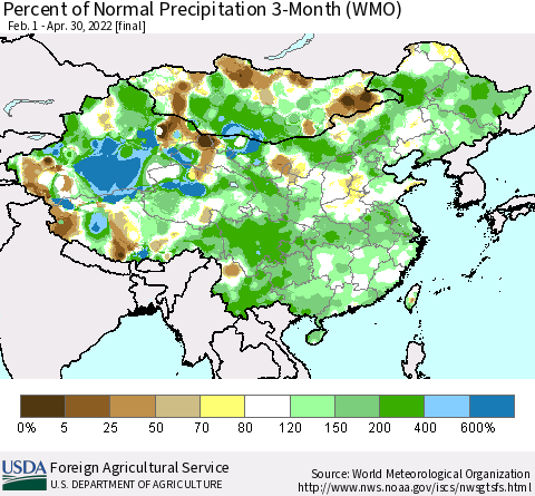 China, Mongolia and Taiwan Percent of Normal Precipitation 3-Month (WMO) Thematic Map For 2/1/2022 - 4/30/2022
