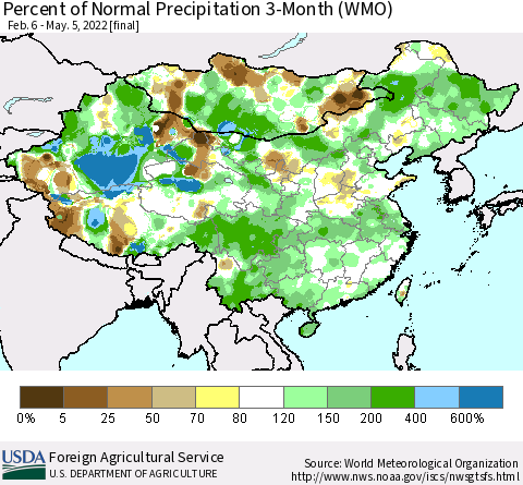 China, Mongolia and Taiwan Percent of Normal Precipitation 3-Month (WMO) Thematic Map For 2/6/2022 - 5/5/2022