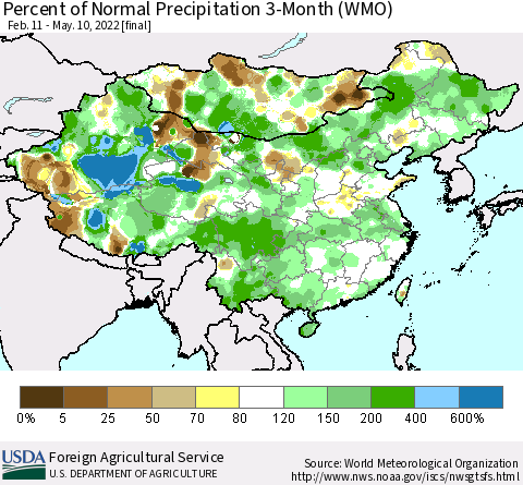 China, Mongolia and Taiwan Percent of Normal Precipitation 3-Month (WMO) Thematic Map For 2/11/2022 - 5/10/2022