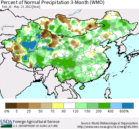 China, Mongolia and Taiwan Percent of Normal Precipitation 3-Month (WMO) Thematic Map For 2/16/2022 - 5/15/2022
