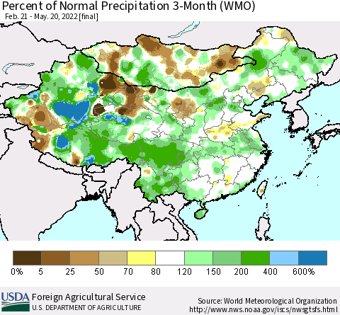 China, Mongolia and Taiwan Percent of Normal Precipitation 3-Month (WMO) Thematic Map For 2/21/2022 - 5/20/2022