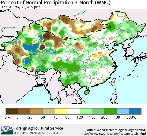 China, Mongolia and Taiwan Percent of Normal Precipitation 3-Month (WMO) Thematic Map For 2/26/2022 - 5/25/2022