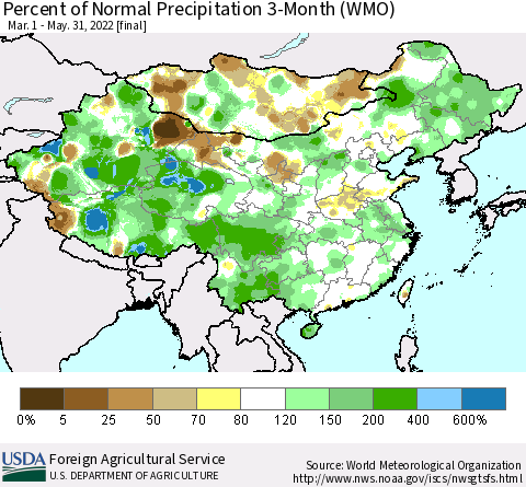 China, Mongolia and Taiwan Percent of Normal Precipitation 3-Month (WMO) Thematic Map For 3/1/2022 - 5/31/2022