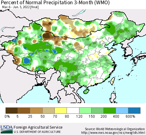 China, Mongolia and Taiwan Percent of Normal Precipitation 3-Month (WMO) Thematic Map For 3/6/2022 - 6/5/2022