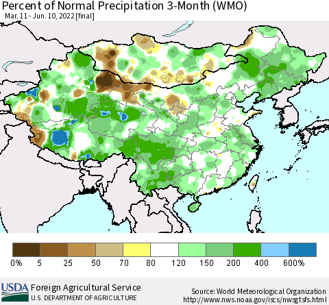 China, Mongolia and Taiwan Percent of Normal Precipitation 3-Month (WMO) Thematic Map For 3/11/2022 - 6/10/2022