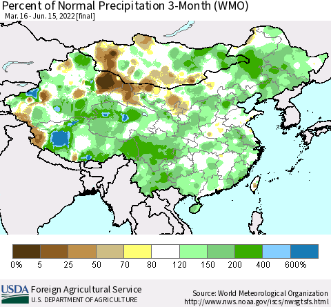 China, Mongolia and Taiwan Percent of Normal Precipitation 3-Month (WMO) Thematic Map For 3/16/2022 - 6/15/2022
